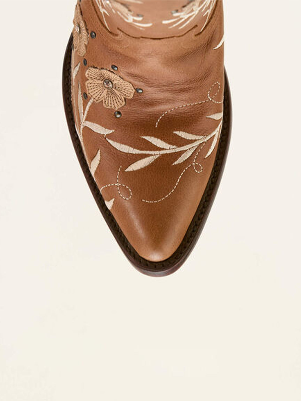 Tan Almond-Toe Flower Applique With Studs Mid Calf Embroidery Cowgirl Boots