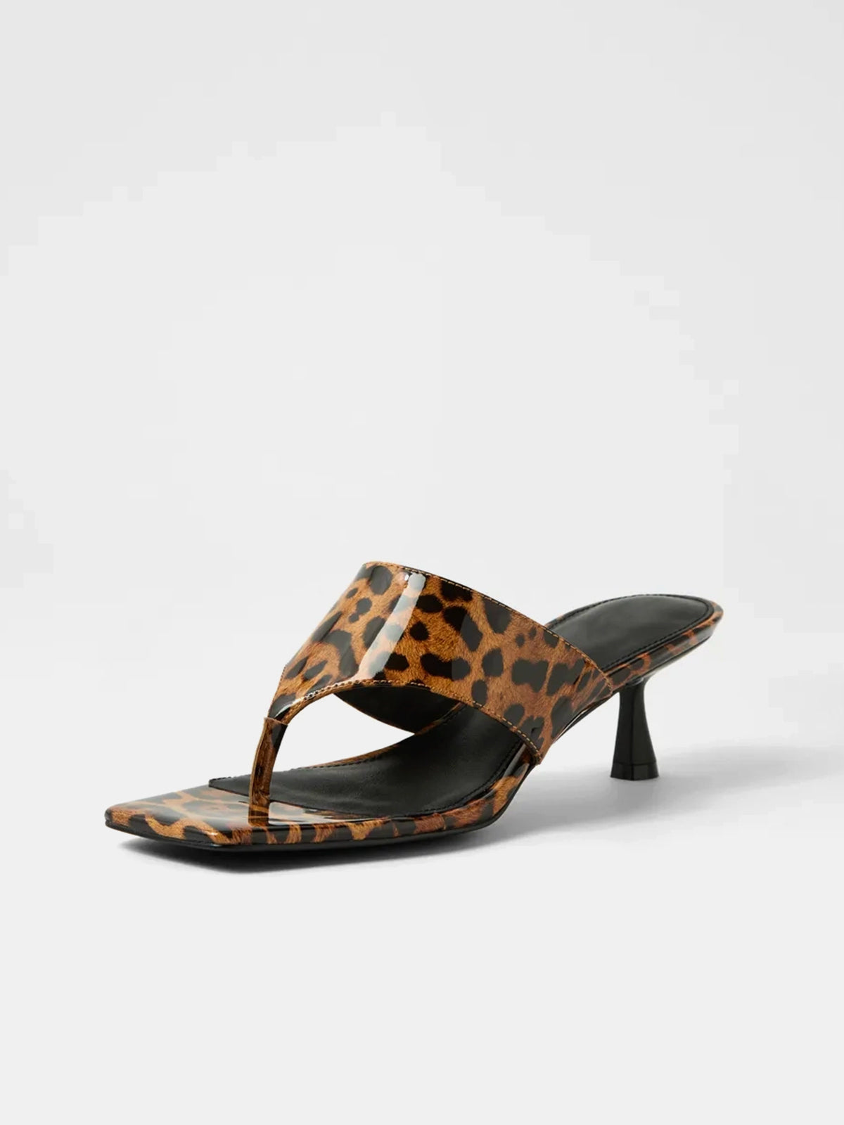 Square-Toe Slip-On Kitten Heel Sandals - Patent Leopard