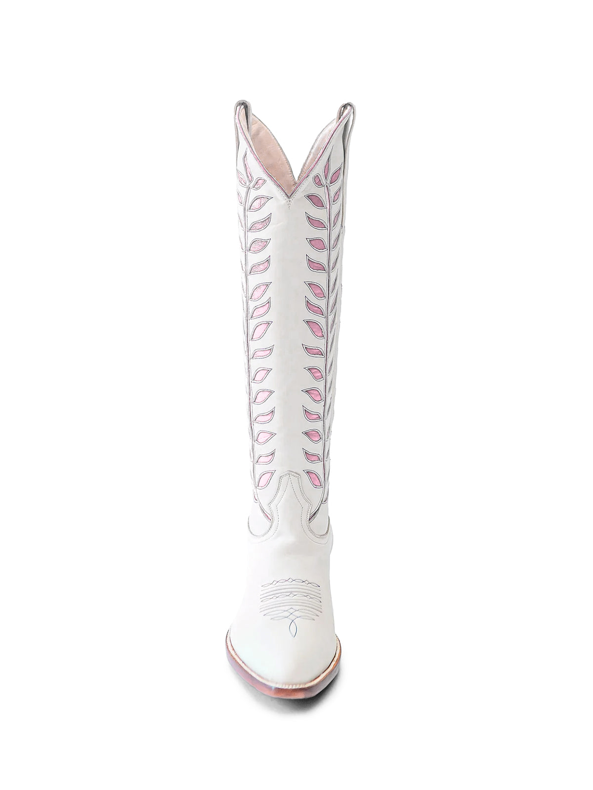 Almond-Toe Pink Leaves Inlay Wide Calf Tall Knee High Cowgirl Boots - White