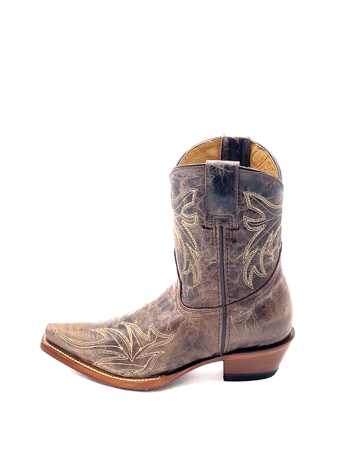 Distressed Brown Snip-Toe Classic Embroidery Ankle Cowgirl Booties