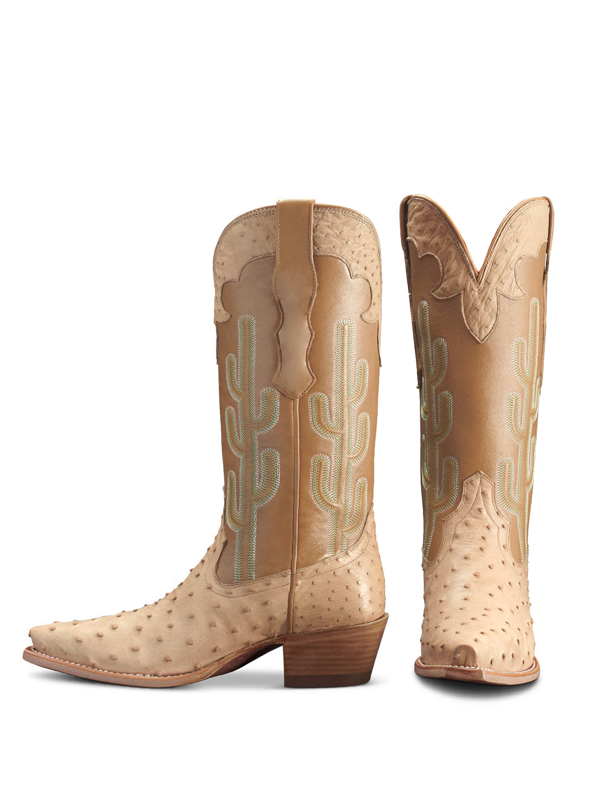 Contrast Honey And Ostrich Print Snip-Toe Cactus Embroidery Mid Calf Cowgirl Boots