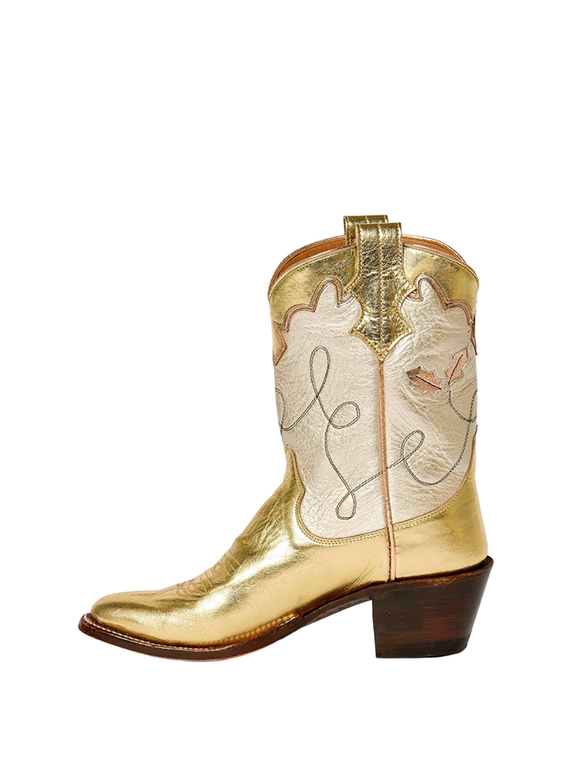 Metallic Gold Almond-Toe Holiday Inaly Mid Calf Cowgirl Boots