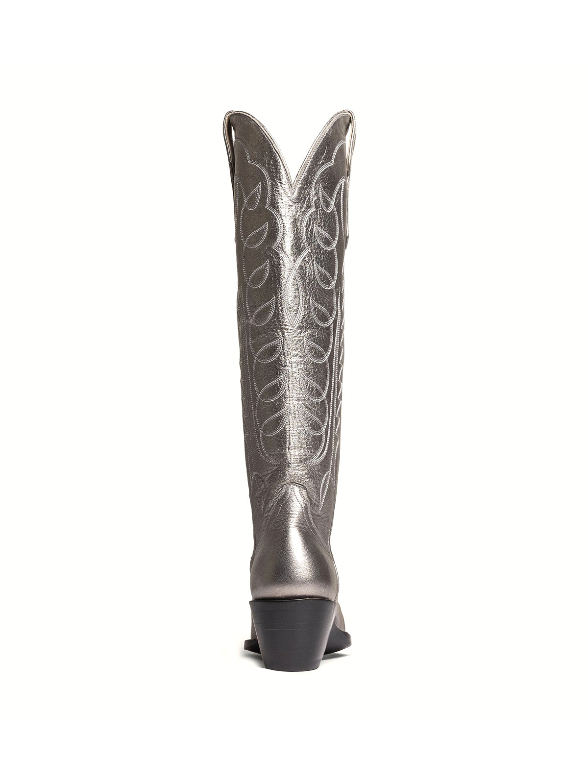 Metallic Silver Classic Almond-Toe Embroidery Tall Knee High Wide Calf Cowgirl Boots