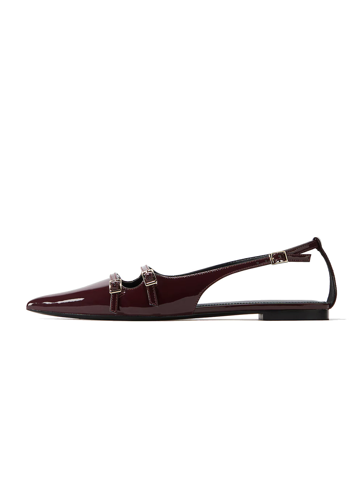 Patent Burgundy Pointed-Toe Front Double Strap And Slingback Flats