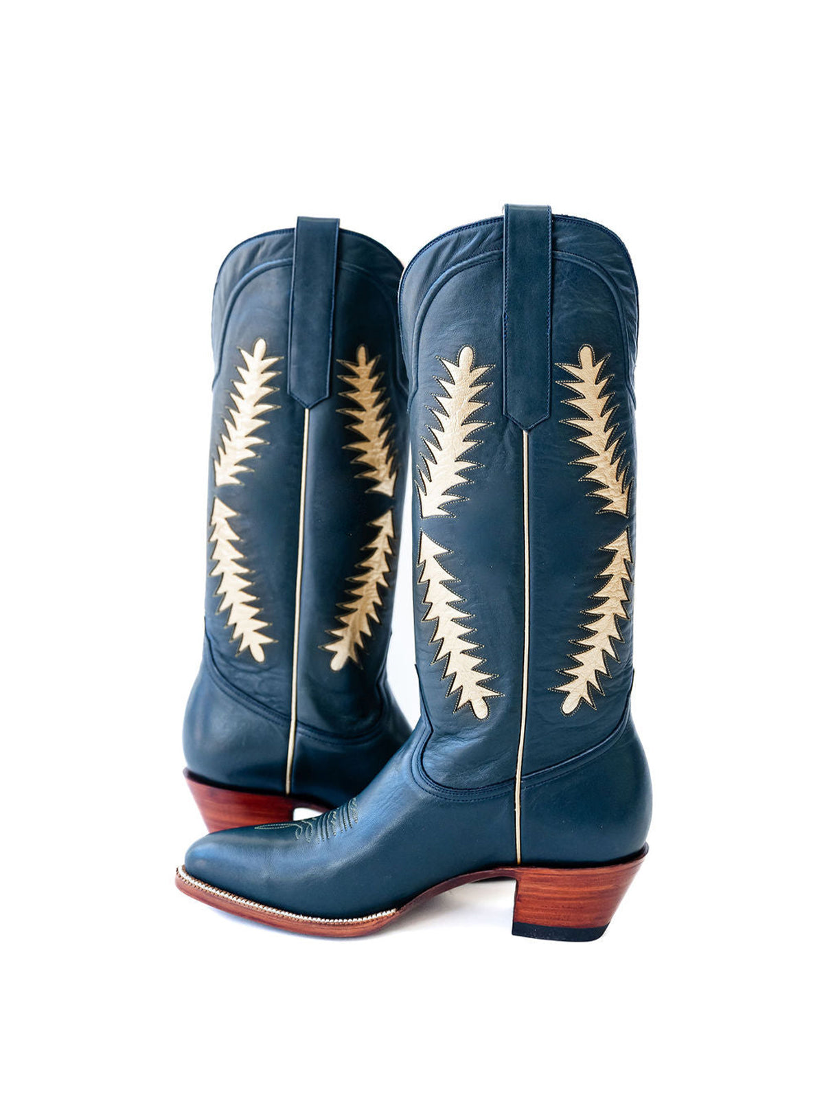 Blue Almond-Toe Wide Calf Cowgirl Boots Knee High Tall Boots