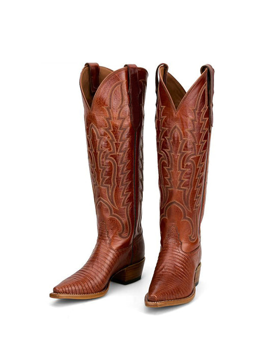 Brown Lizard Print Snip-Toe Western Stitch Knee High Cowgirl Boots