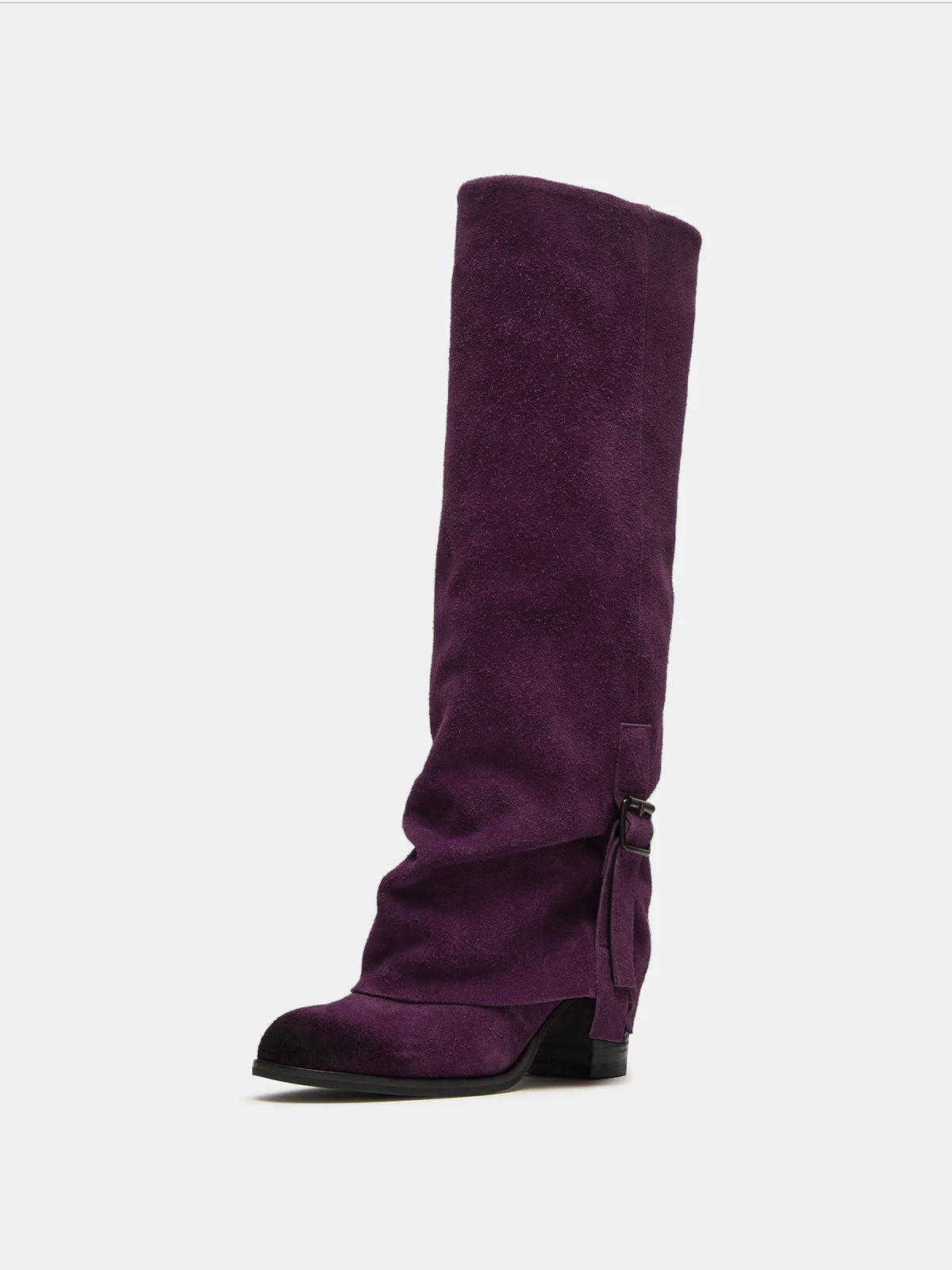 Grape Purple Faux Suede Round-Toe Fold-Over Adjustable Buckle Knee High Cowgirl Boots