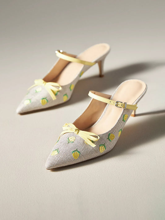 Green Canvas Pointed-Toe Lemon Embroidery Bridge Strap Kitten Heels With Bow