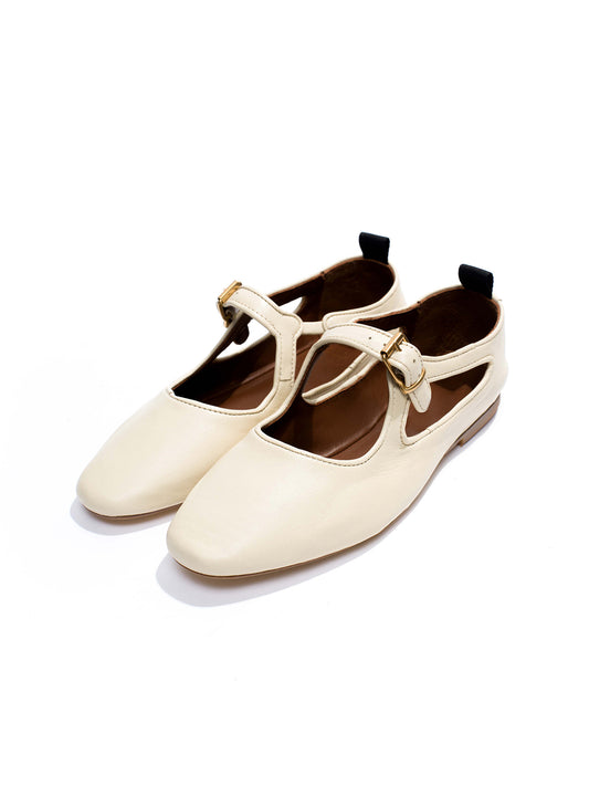 Square-Toe Buckle Strap Chic Flats - Cream
