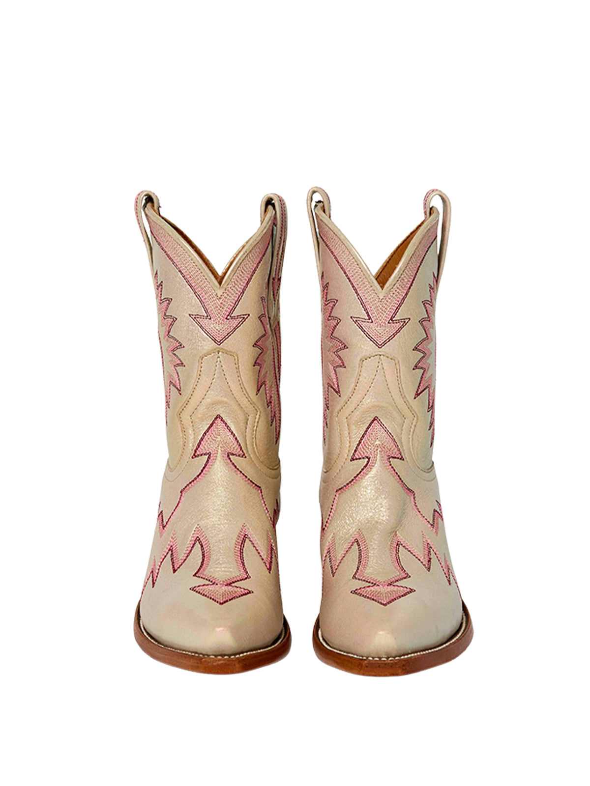 Jagged Embroidery Snip-Toe Cowgirl Ankle Booties - Metallic Light Pink