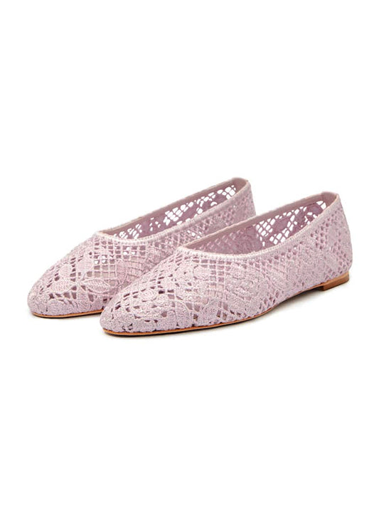 Blush Pink Woven Round-Toe Floral Embroidery Slip-On Flats