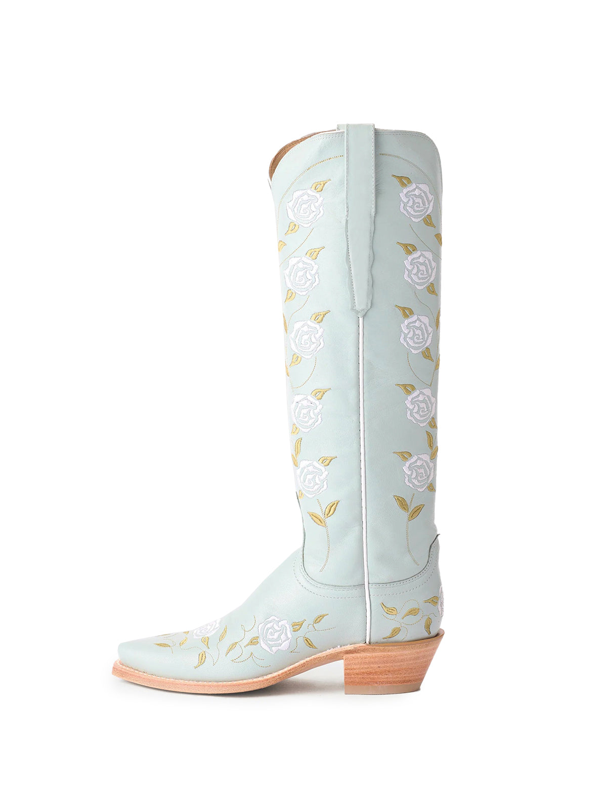 Powder Blue Snip-Toe Rose Embroidery Wide Calf Knee High Cowgirl Boots