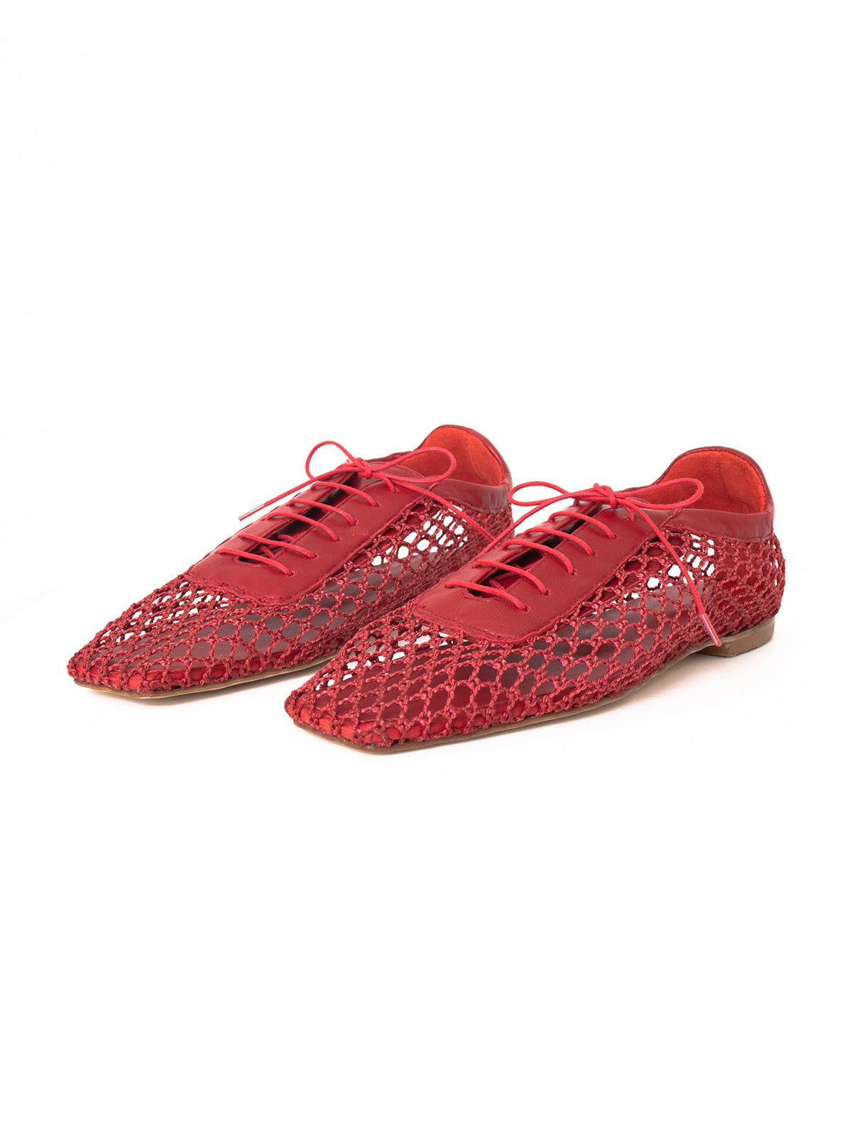Red Mesh And Vegan Leather Square-Toe Lace-Up Chic Flats