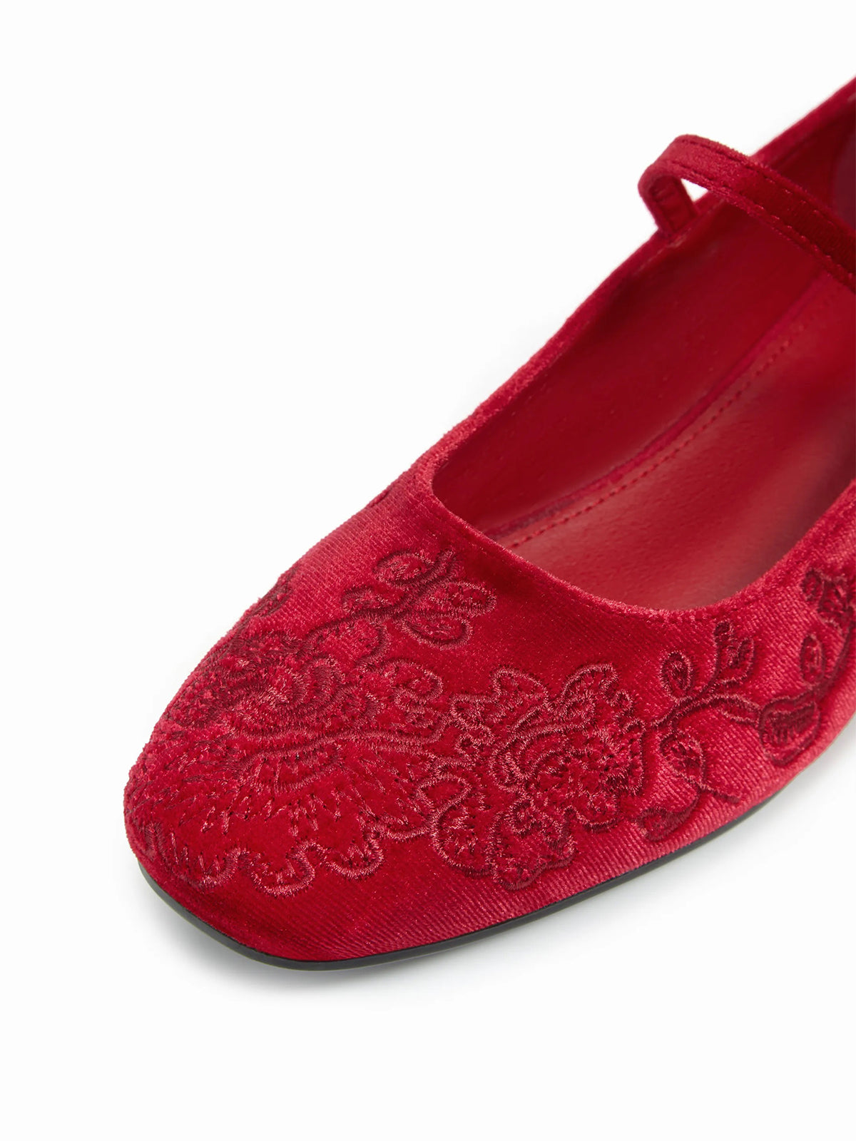 Red Velvet Square-Toe Chic Mary Jane Ballet Flats