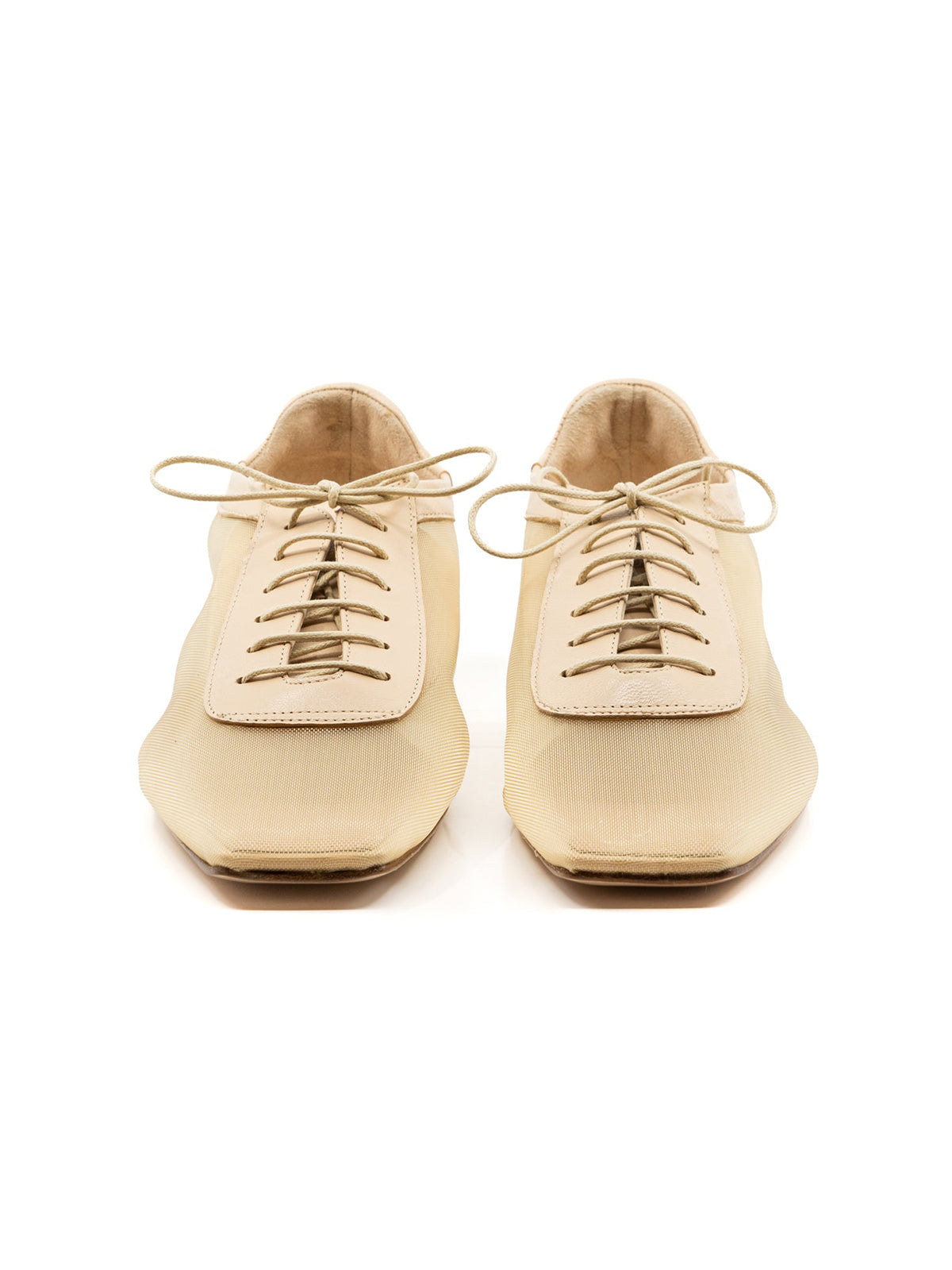 Beige Mesh And Vegan Leather Square-Toe Lace-Up Simple Flats