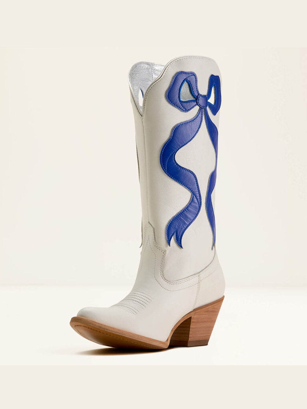 Ivory Almond-Toe Blue Side Big Bow Applique Mid Calf Cowgirl Boots