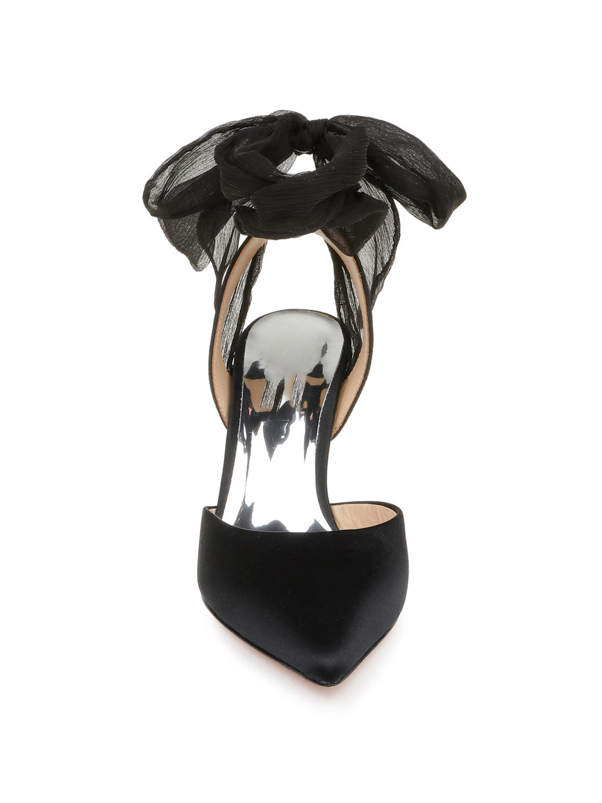 Black Satin Pointed-Toe Back Strap And Ankle Bow Strap High Heels