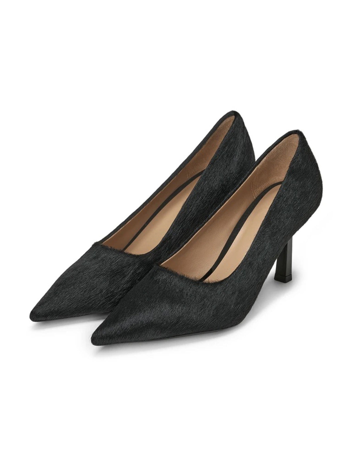 Black Pony Hair Vegan Leather Pointed-Toe Slip-On Chic Kitten Heels