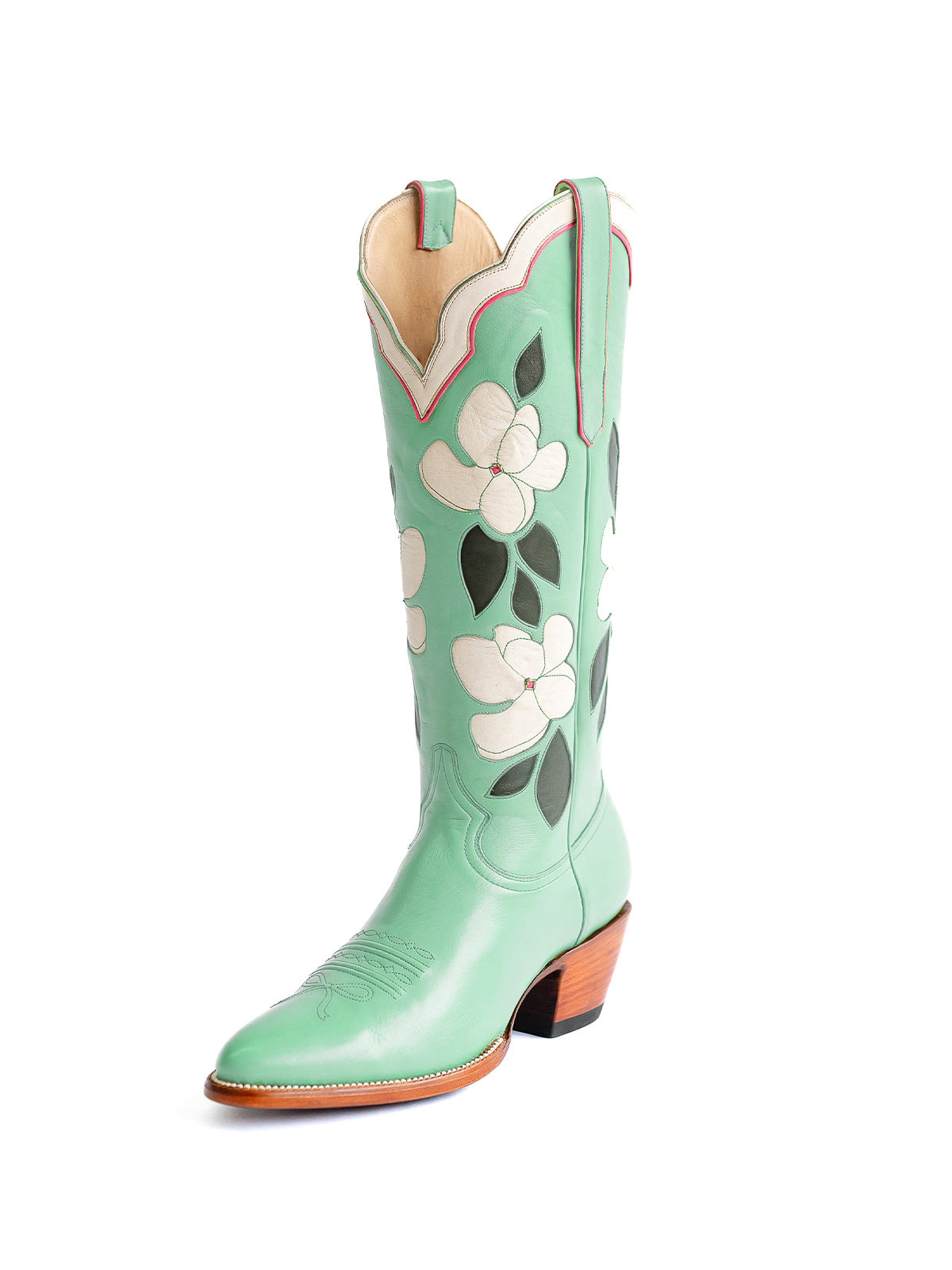 Mint Green Almond-Toe White Flower Inlay Wide Calf Knee High Cowgirl Boots