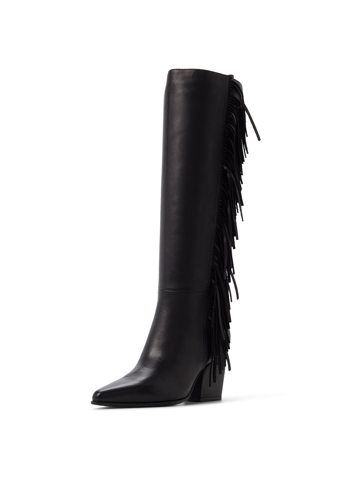 Black Snip-Toe Side Fringe Half-Zip Simple Knee High Cowgirl Boots
