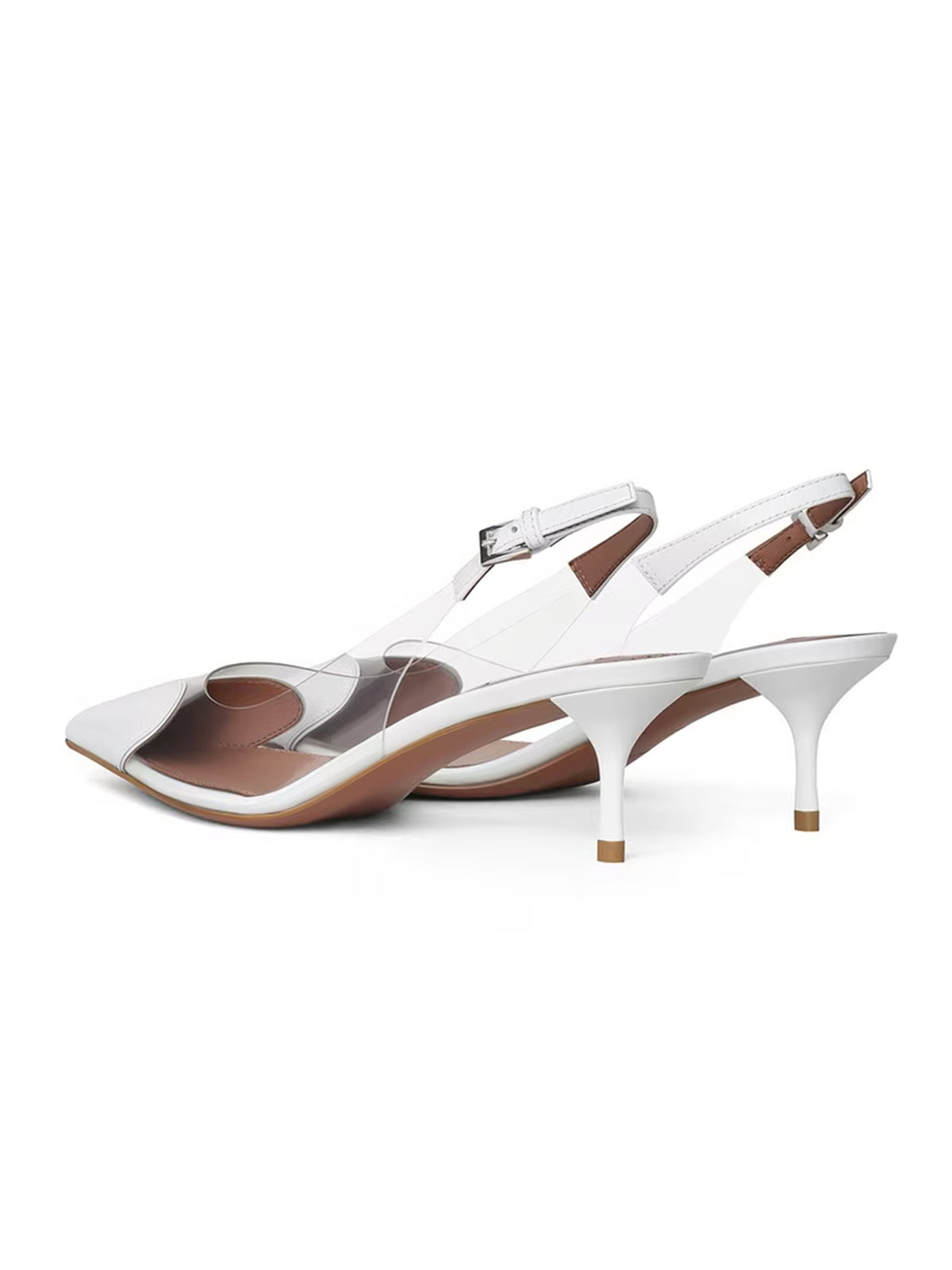 Patent White And TPU Transparent Film Pointed-Toe Slip-On Kitten Heels