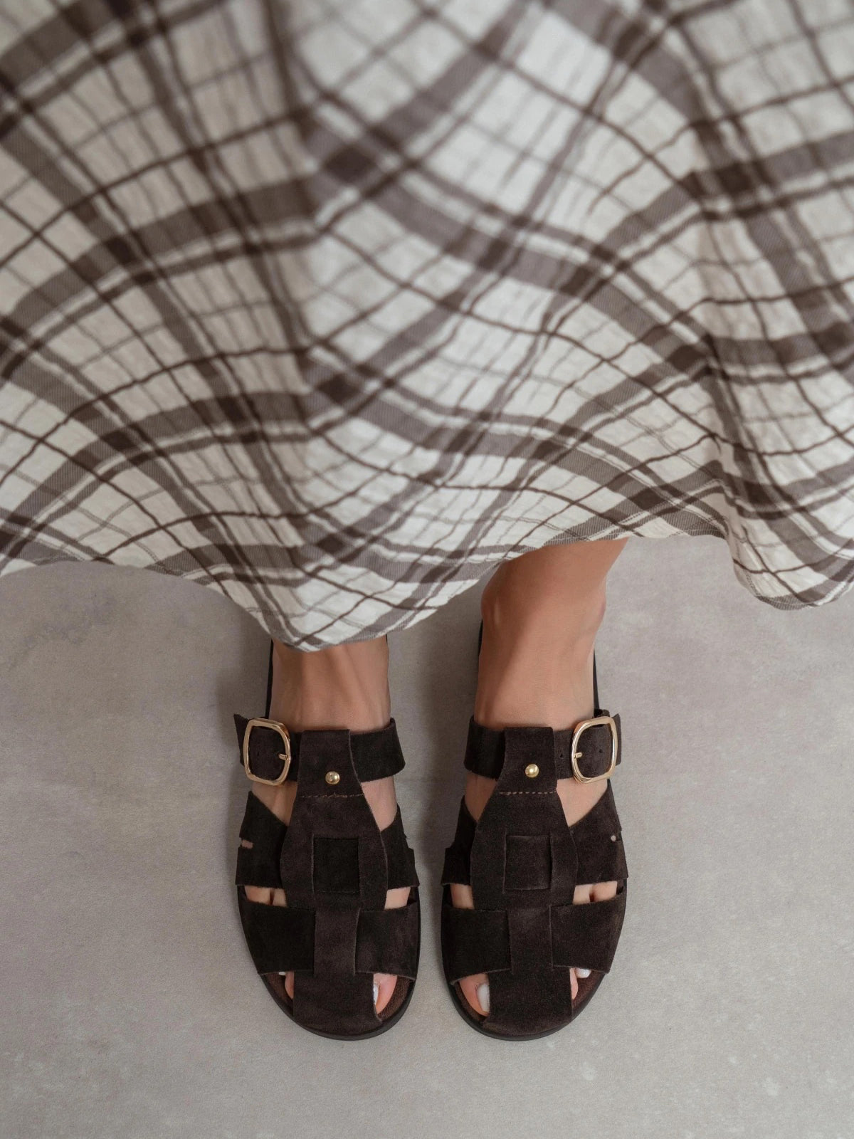Coffee Cow Suede Round-Toe Caged Detail Backless Flats