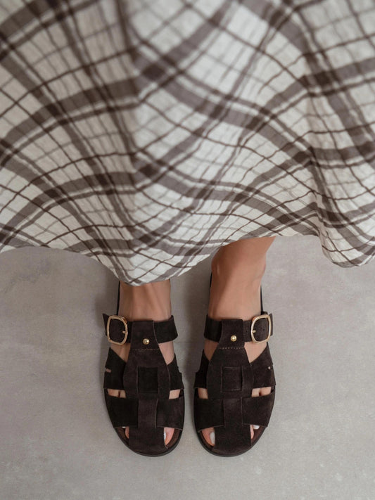 Coffee Cow Suede Round-Toe Caged Detail Backless Flats