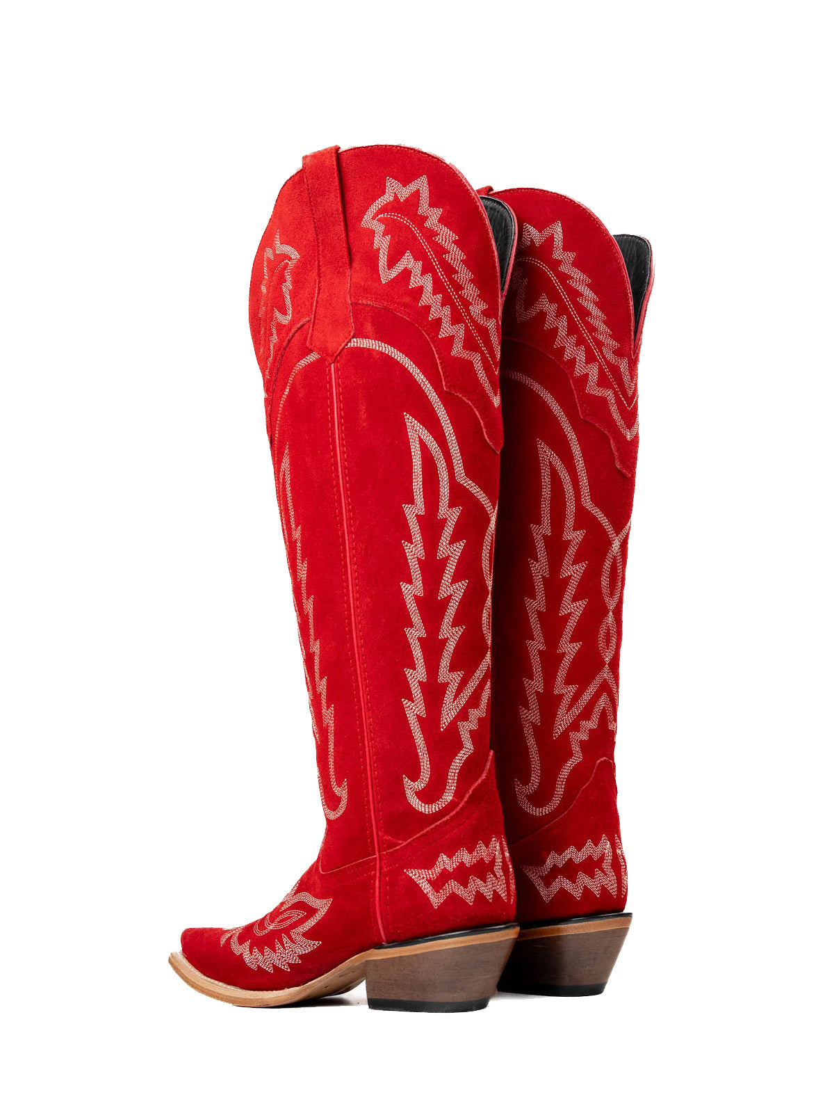 Red Faux Suede Snip-Toe Classic Embroidery Half-Zip Over-The-Knee Cowgirl Boots