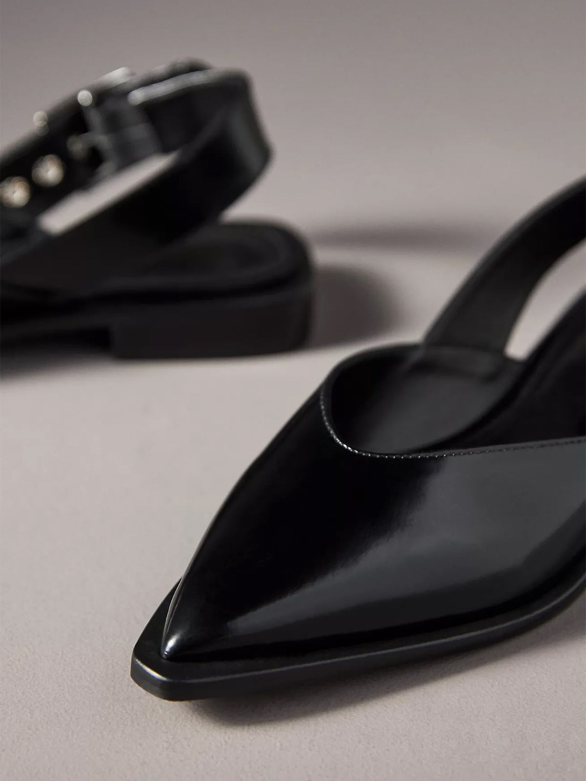Black Pointed-Toe Buckle Slingback Flats