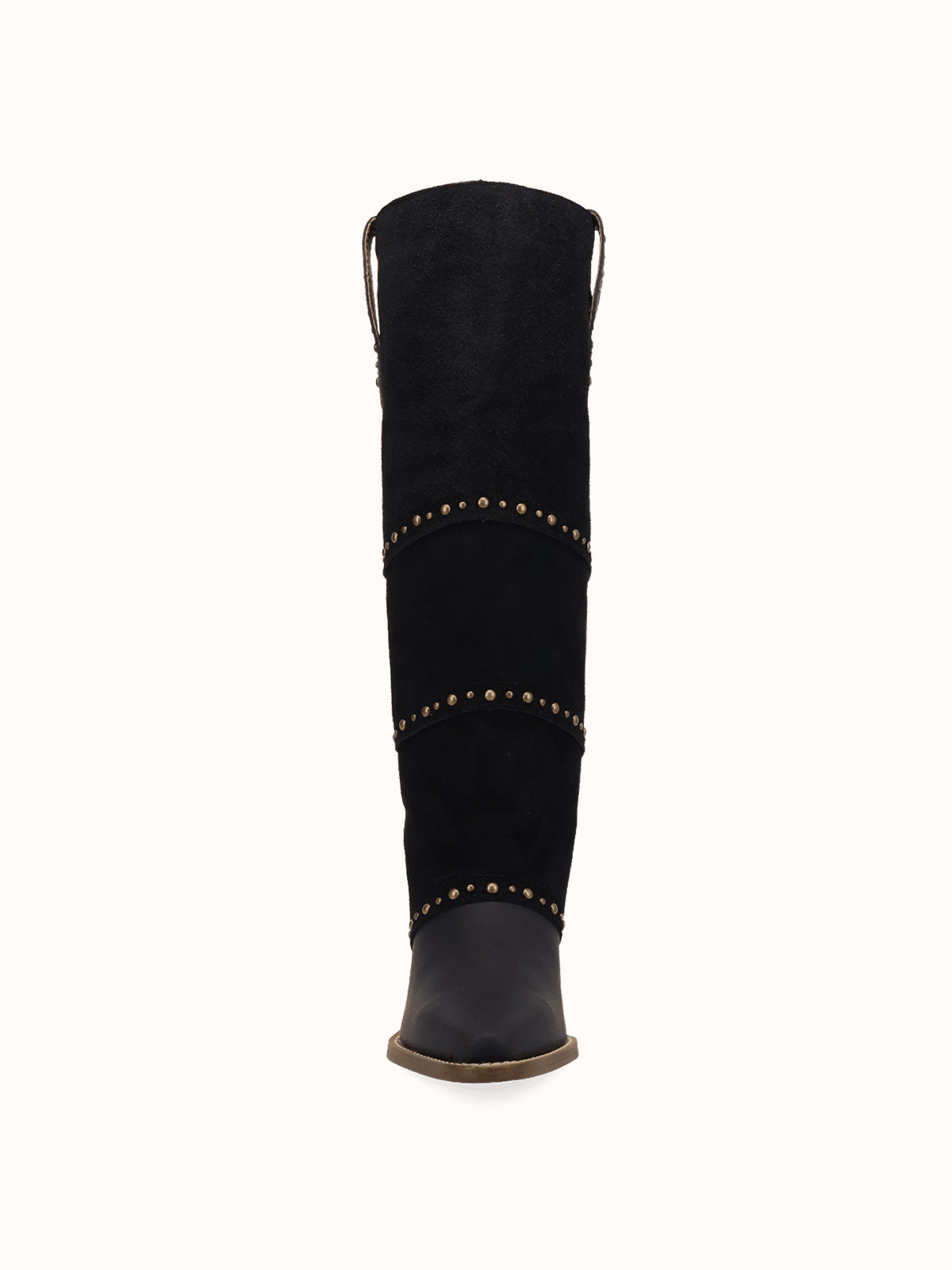 Black Snip-Toe Faux Suede Fold-Over With Studs Wide Calf Knee High Cowgirl Boots
