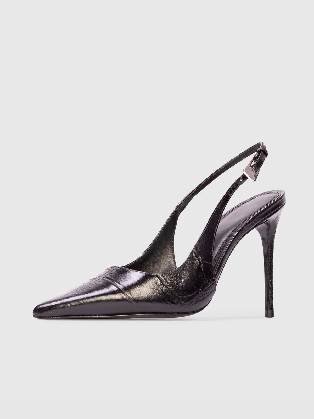 Black Pointed-Toe Crocodile Print Slingback High Heels