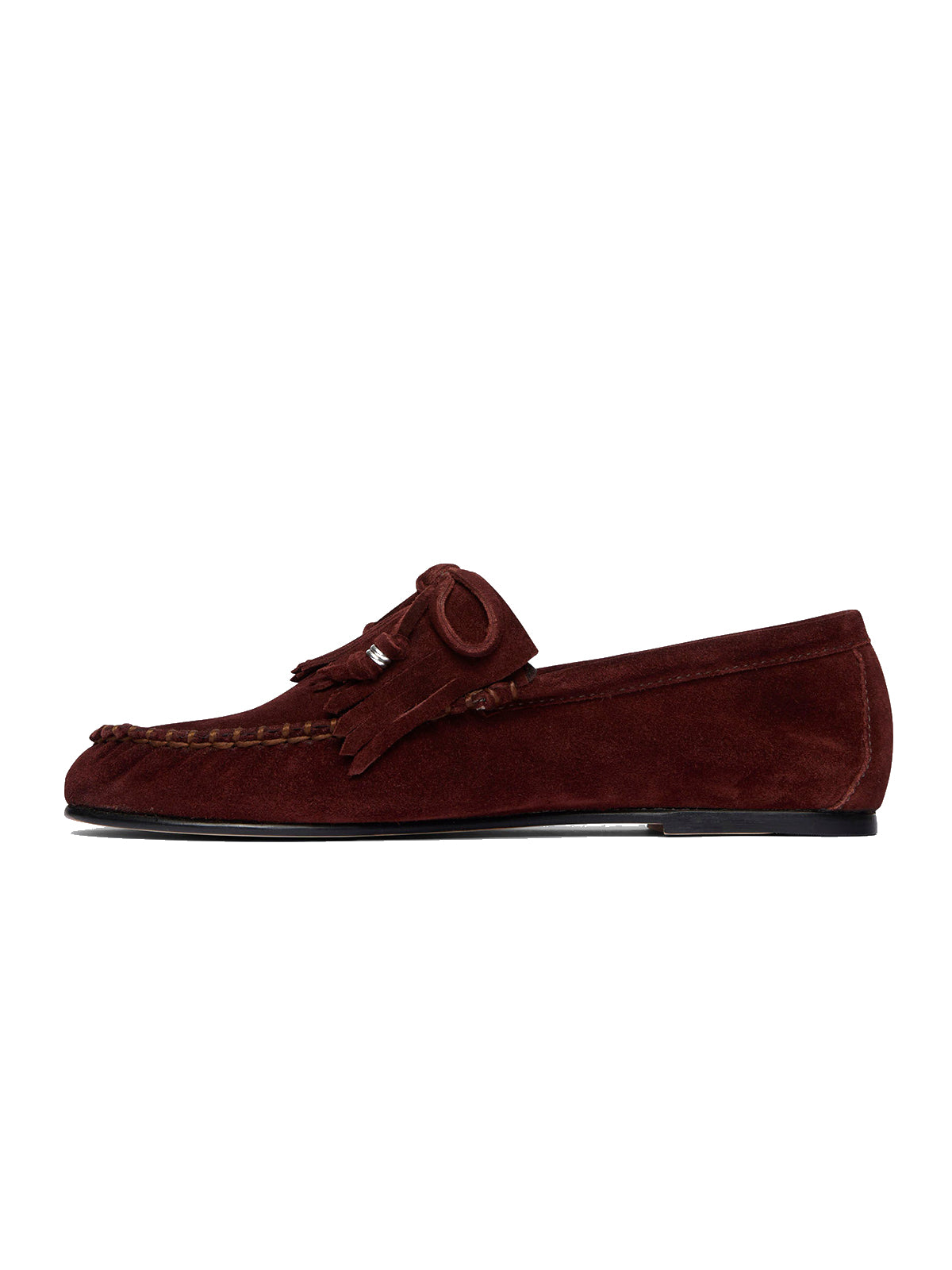 Burgundy Cow Suede Round-Toe Front Bow And Fringe Flats