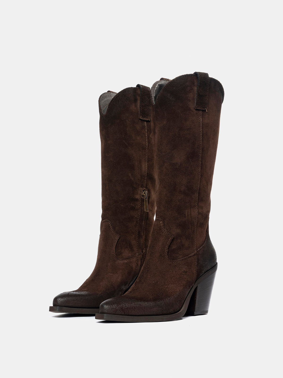 Dark Brown Faux Suede Snip-Toe Simple Half-Zip Mid Calf Classic Cowgirl Boots