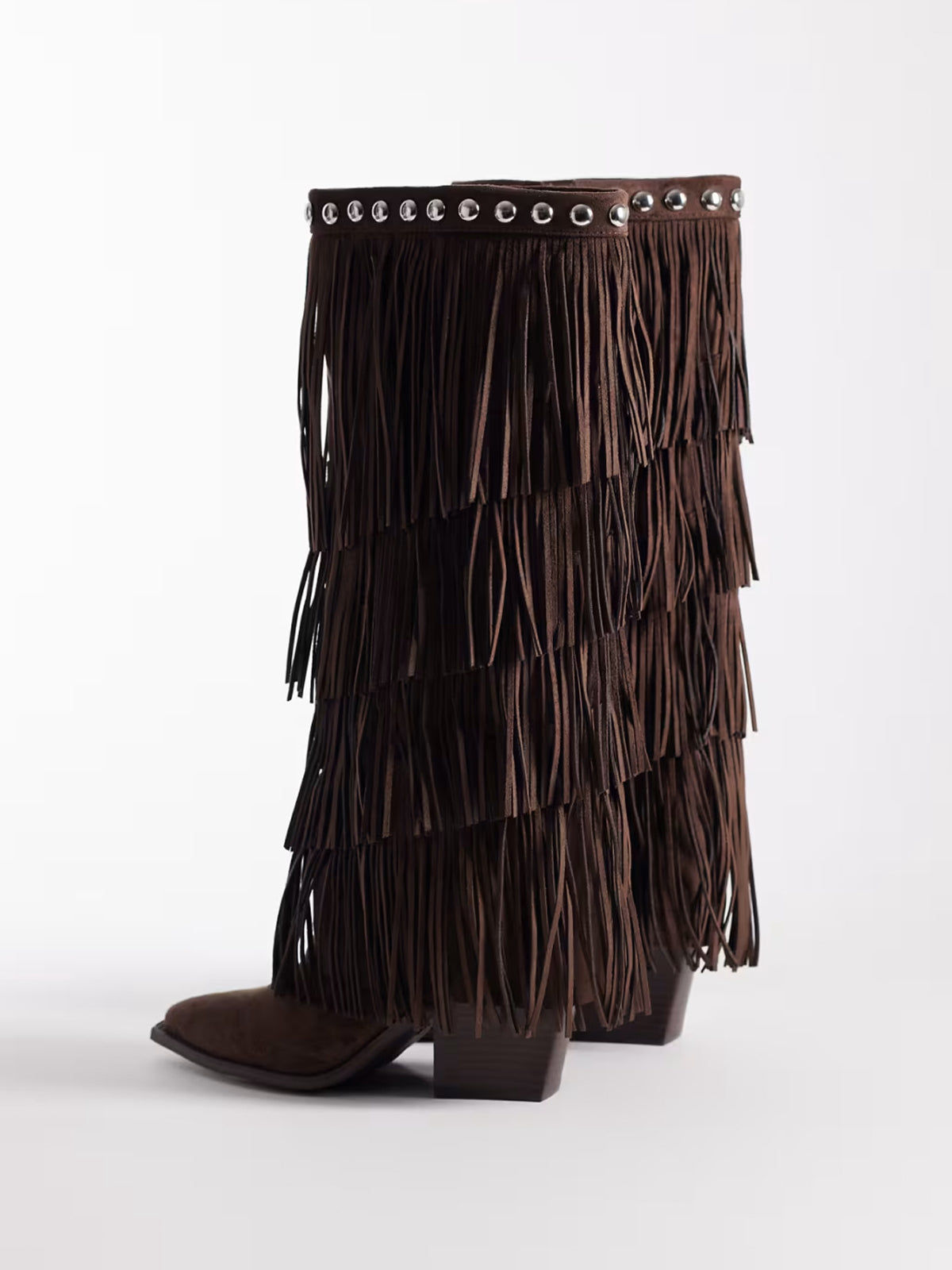 Chocolate Pointed-Toe Fringe And Studs Full-Zip Knee High Tall Cowgirl Boots