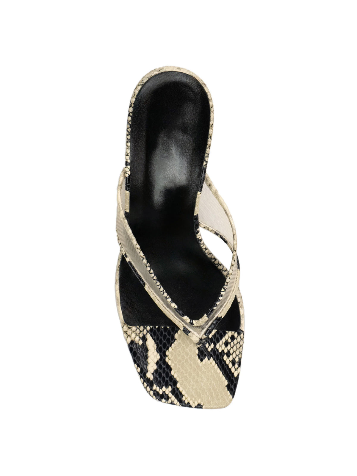 Snakeskin Pattern Vegan Leather And Mesh Square-Toe Flip-Flops Kitten Heels