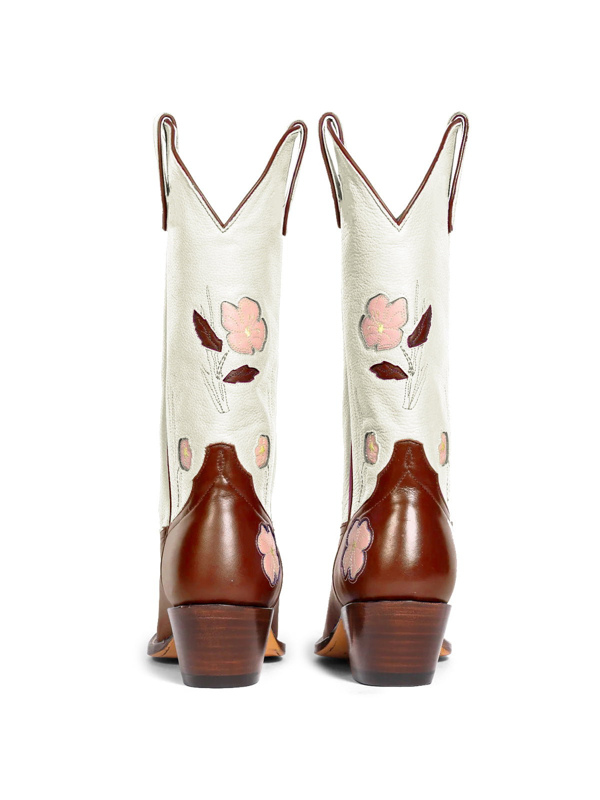 Contrast White And Brown Almond-Toe Fresh Flower Inlay Mid Calf Cowgirl Boots