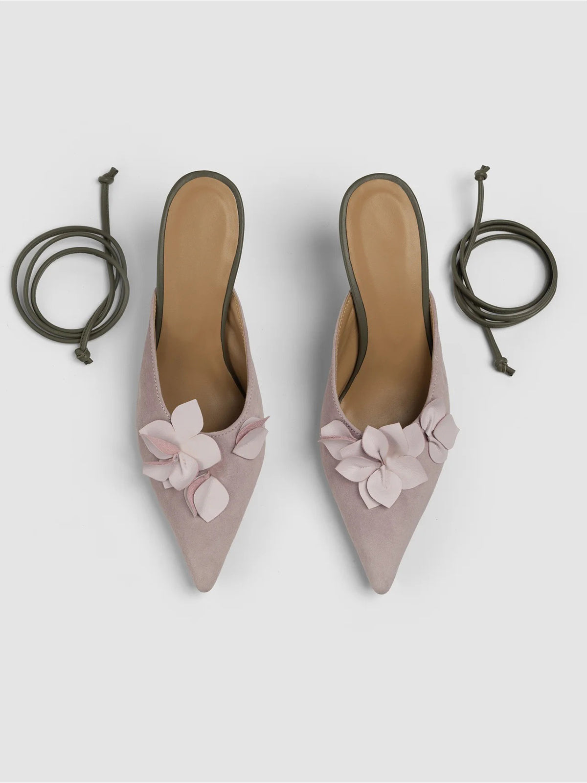 Mauve Pink Pointed-Toe Front Floral Detail Backless Chic High Heels