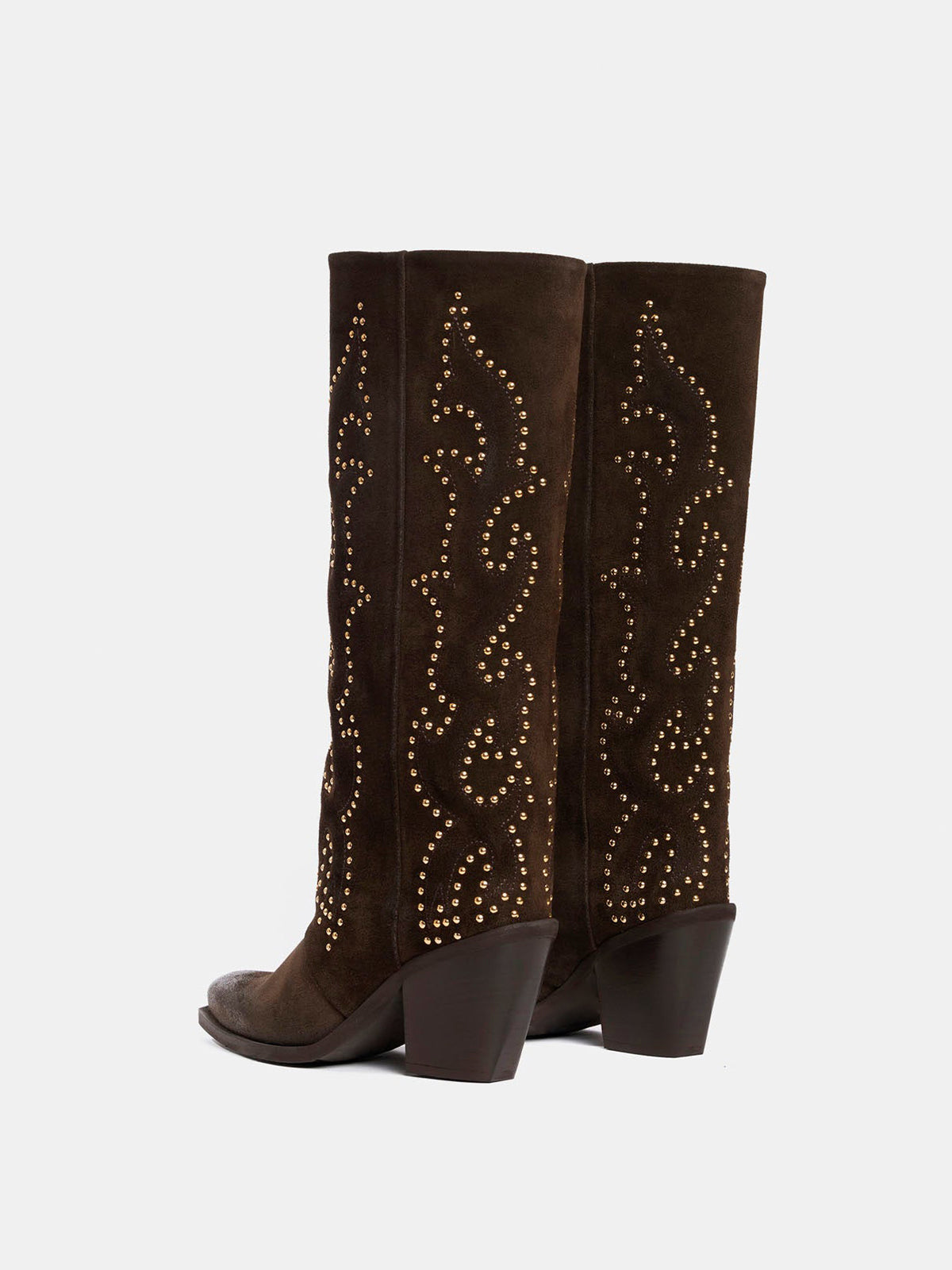 Brown Faux Suede Snip-Toe Embroidery Gold Studs Wide Calf Knee High Cowgirl Boots