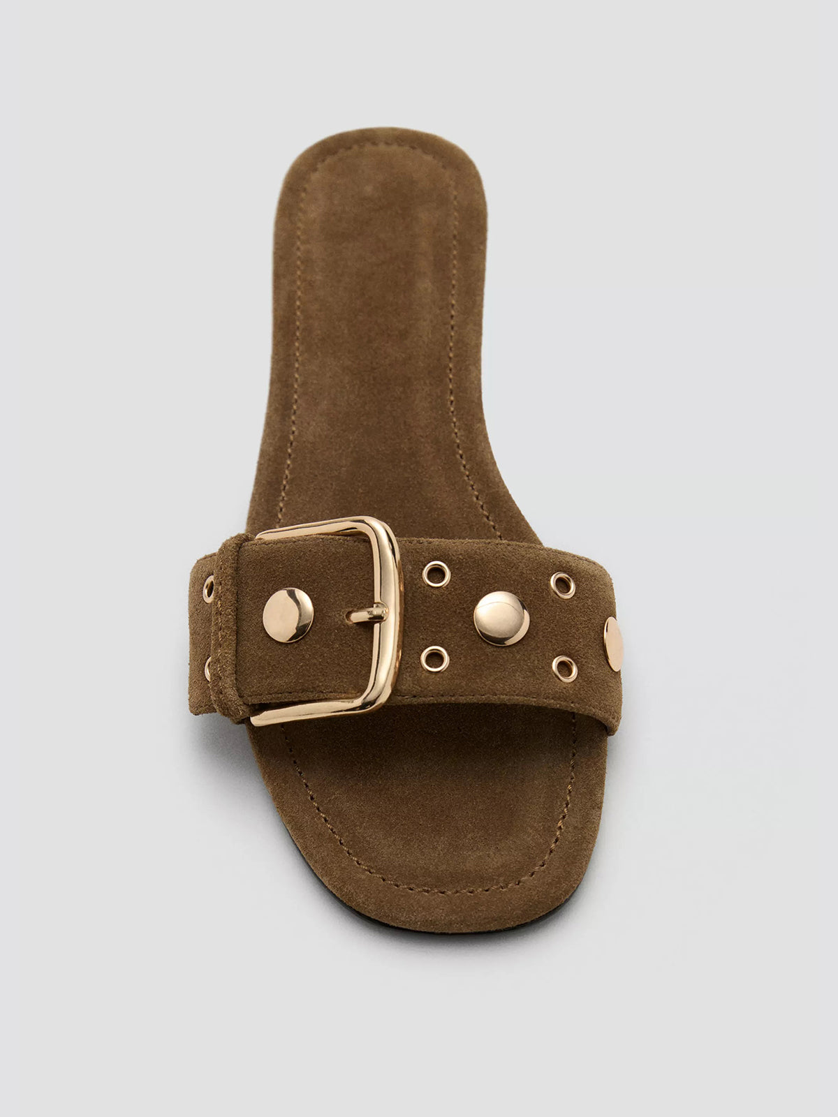 Brown Peep Square-Toe Front Buckle Strap With Studs And Eyelets Flats