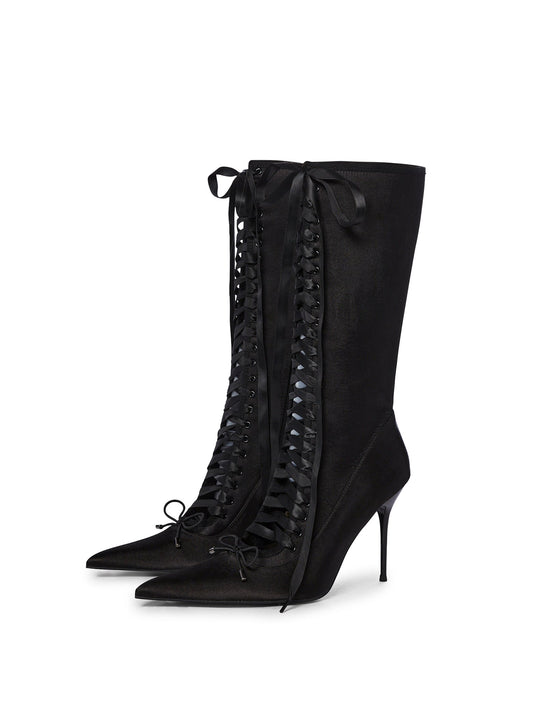Black Satin Lace-Up Front Bow Full-Zip Mid Calf Stiletto Boots