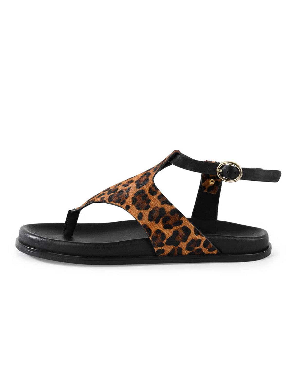 Leopard Pattern Round-Toe T-Strap And Ankle Strap Flats Sandals