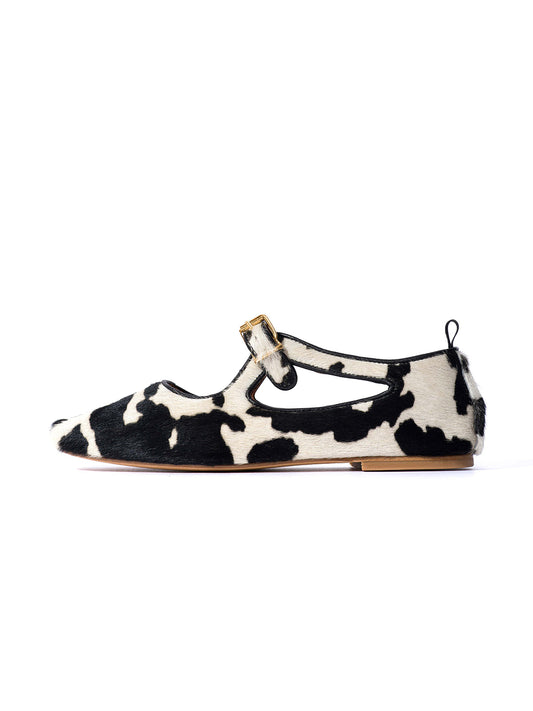 Square-Toe Buckle Strap Chic Flats - Cow Pony Hair Vegan Leather