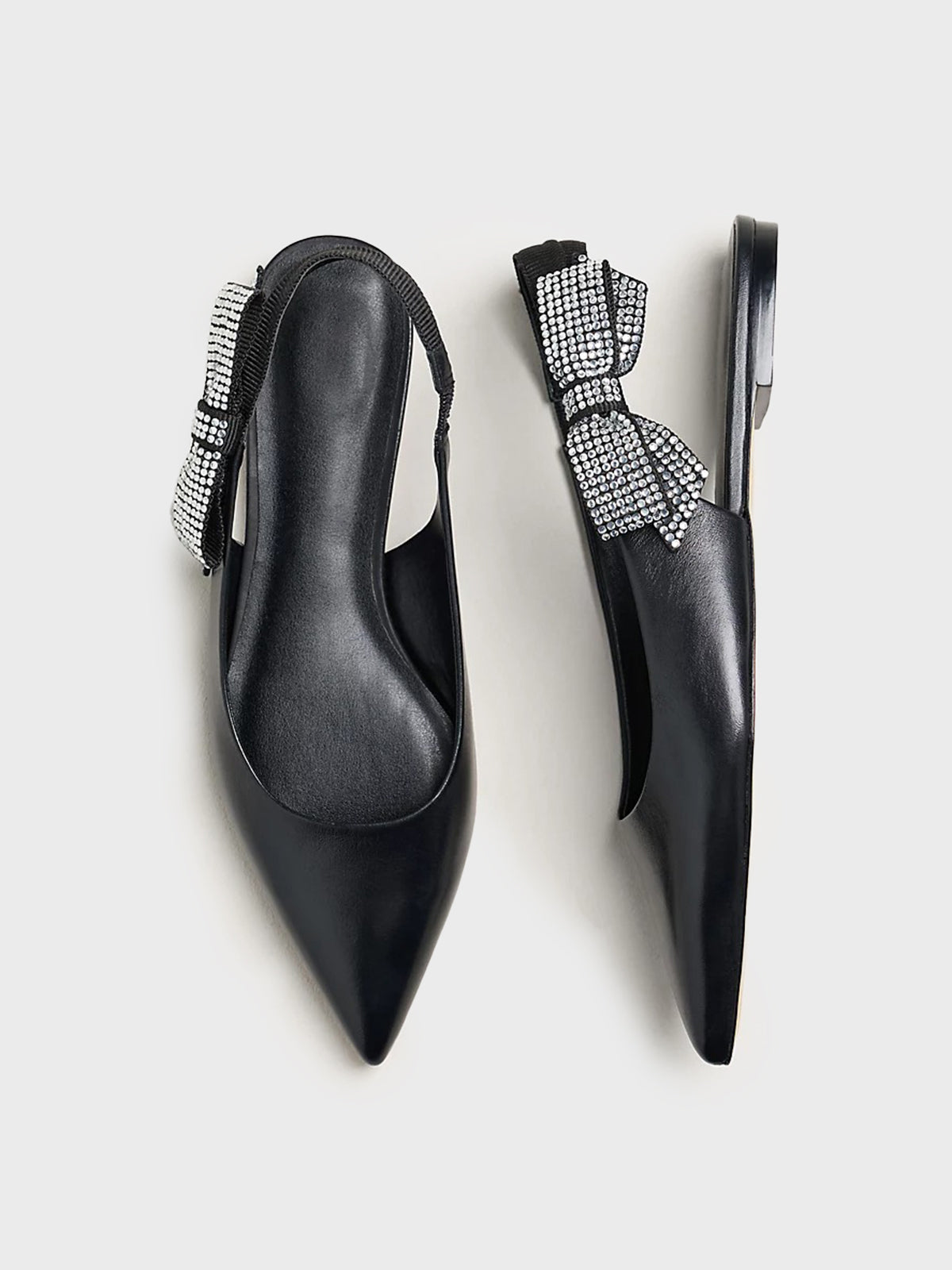 Black Pointed-Toe Rhinestone Side-Bow Slingback Flats