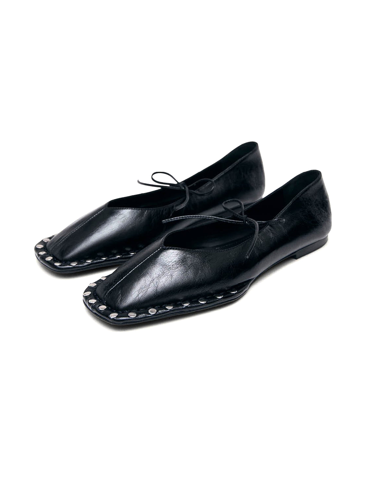 Black Square-Toe Studs And Middle Strap Ballet Flats