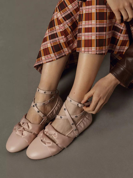 Pink Round-Toe Studded Ankle Straps Front Double Satin Straps Ballet Flats