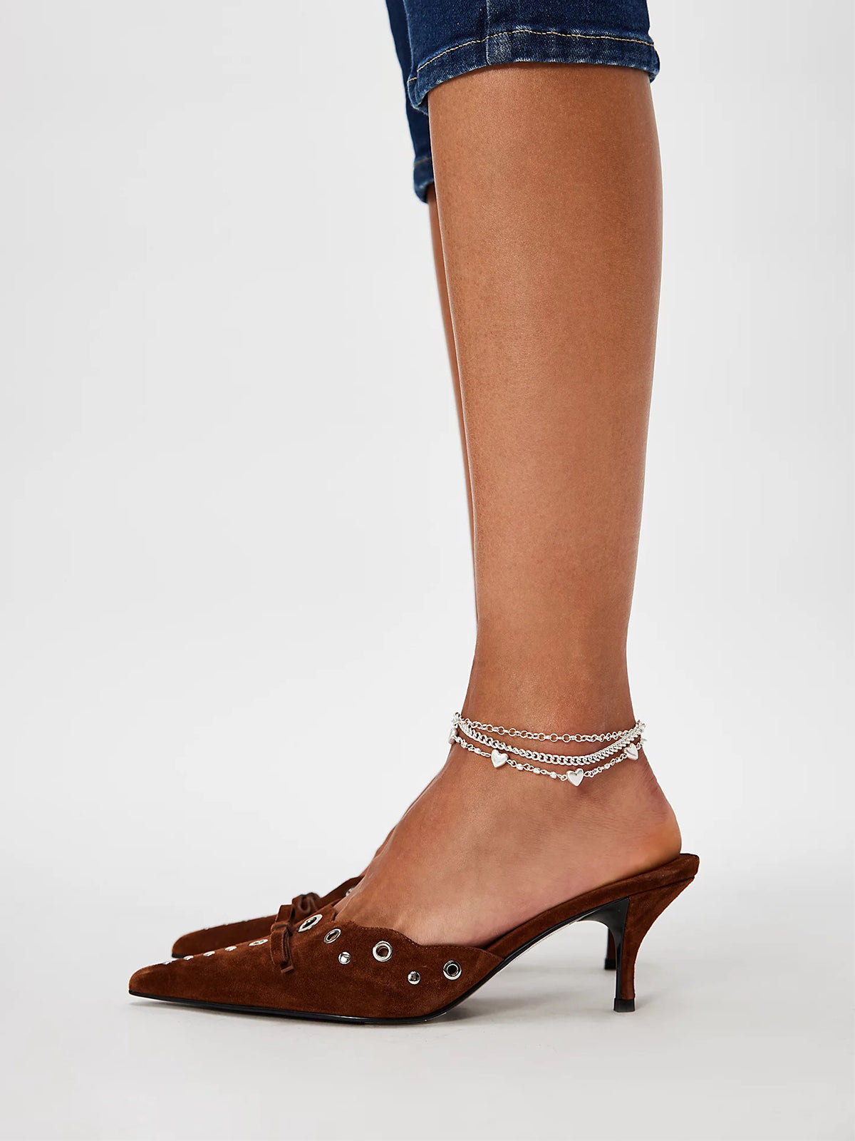Dark Tan Faux Suede Pointed-Toe Front Knot And Studs And Eyelets Kitten Heels