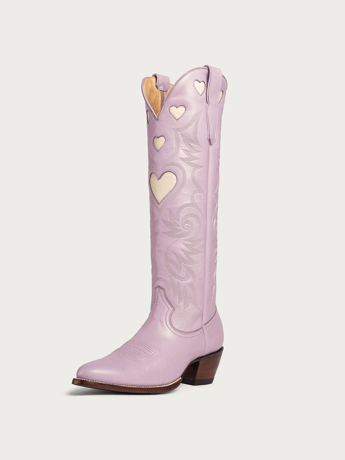 Ivory Heart Inlay Embroidery Almond-Toe Knee High Wide Calf Cowgirl Boots - Purple