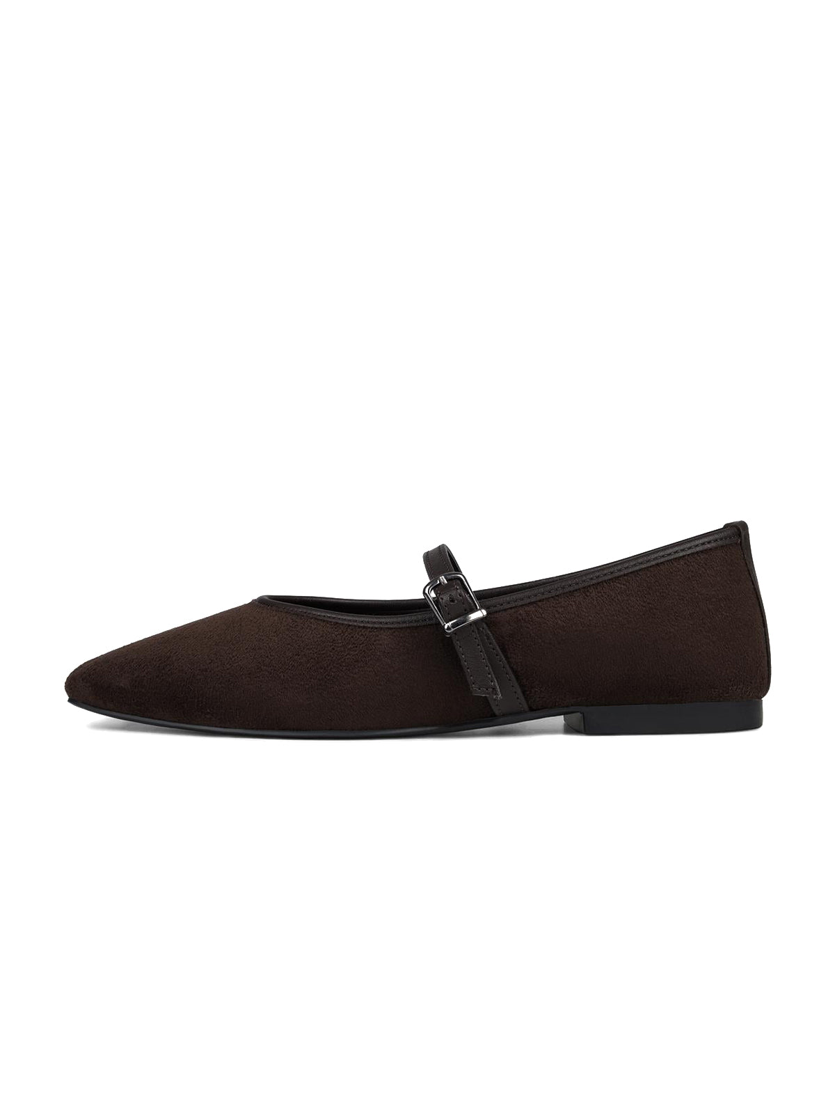 Coffee Faux Suede Square-Toe Buckle Bridge Strap Classic Ballet Flats