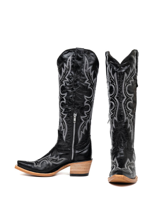 Distressed Black Snip-Toe Half-Zip Classic Embroidery Knee High Tall Cowgirl Boots