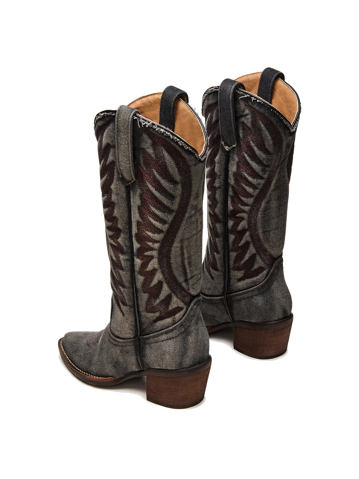 Dark Gray Denim Pointed-Toe Wings Embroidery Mid Calf Cowgirl Boots